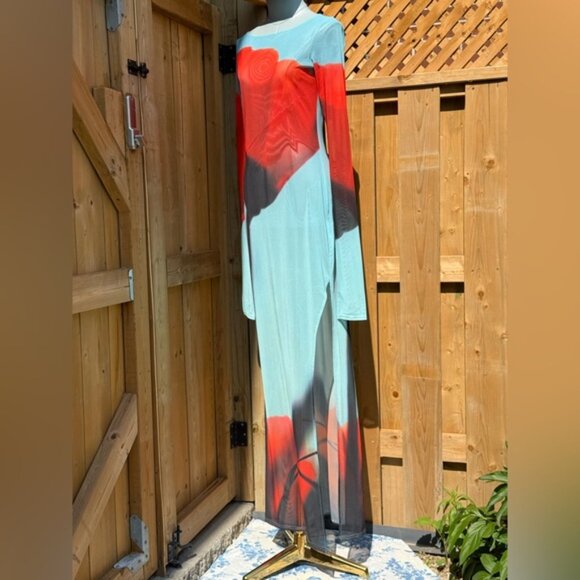 🆕 RAT & BOA 🧿 NWOT Santino Sheer Long Sleeve Dress, Blue with Red Tulip, Sz M - Picture 6 of 16